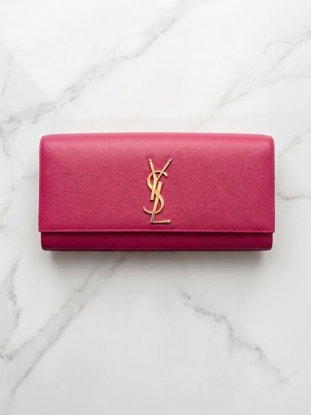 Saint Laurent YSL Cassandre Flap Clutch -Pink Envelope Clutch with Gold YSL Logo